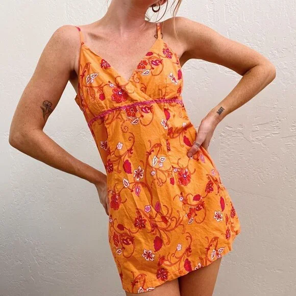 Vintage 90s/Y2K Orange Floral Babydoll Mini Dress - Picture 3 of 5